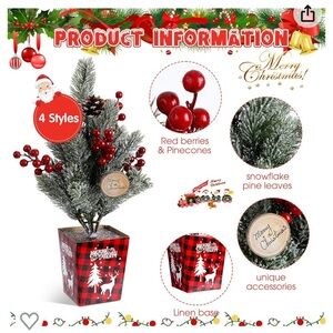 NWT Festive Table Top Holiday Pine Tree with Red Berries and Pinecones
